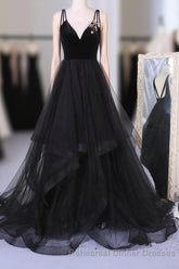 A Line V Neck Tulle Black Ball Gown, Black Semi Formal Prom, Black Semi Formal Prom